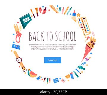 Fournitures scolaires autour de la forme de cercle avec espace pour le texte.Illustration vectorielle Illustration de Vecteur