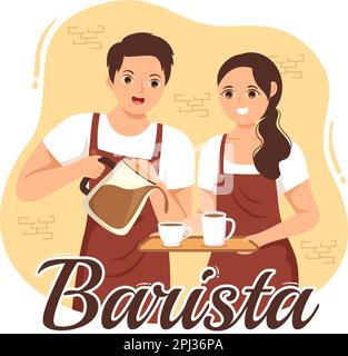 Illustration Barista portant un tablier debout pour préparer un café pour le client dans un modèle de page d'accueil ou de bannière Web de dessin animé à la main de dessin animé à plat Illustration de Vecteur