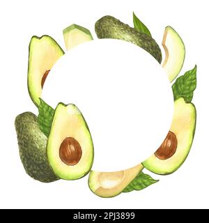 Cadre rond aquarelle, avocat mûr et demi avocat. Illustration dessinée à la main isolée sur fond blanc. Un menu de cuisine de concept parfait, un dessin de nourriture Banque D'Images