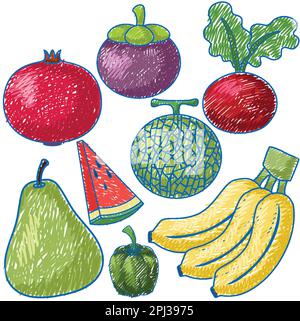 Illustration de style simple pour les fruits et légumes en couleur crayon Illustration de Vecteur