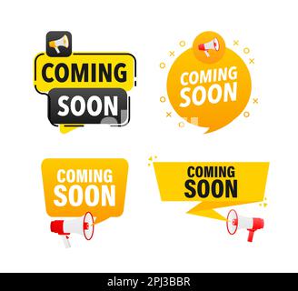 Ensemble d'étiquettes à mégaphone avec texte bientôt disponible. Bannière d'annonce à venir Illustration de Vecteur