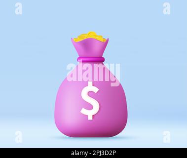 3D Sac plein d'argent avec icône dollar. Illustration de Vecteur