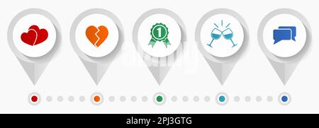 Jeu d'icônes d'amour, diverses icônes de pointeur telles que coeur, badge, toast et chat pour le webdesign et les applications mobiles, vecteur d'infographie de conception plate Illustration de Vecteur