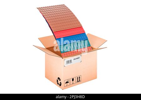 Tuiles de toit en métal de couleur à l'intérieur de la boîte en carton, concept de livraison. 3D rendu isolé sur fond blanc Banque D'Images