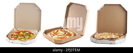 Ensemble avec différentes délicieuses pizzas chaudes dans des boîtes en carton sur fond blanc, motif bannière. Livraison de nourriture Banque D'Images