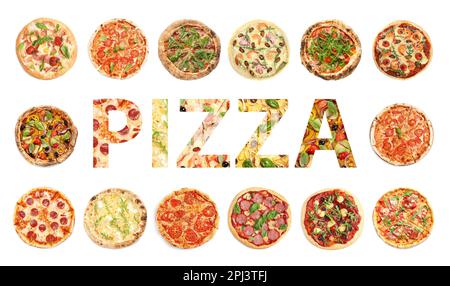 Décor avec différentes pizzas savoureuses et mot sur fond blanc, vue de dessus Banque D'Images