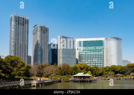 Vue sur les jardins Hama Rikyu à Chuo, Tokyo, Japon Banque D'Images