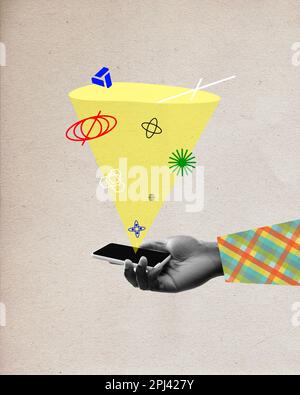 Main masculine avec téléphone portable. Espace Internet sans fin, recherche d'informations, nouvelles opportunités. Travail en ligne. Collage d'art contemporain. Design créatif Banque D'Images