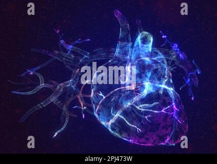 Cœur humain brillant composé de particules de néon. Art de concept de santé de coeur magique lumineux Banque D'Images