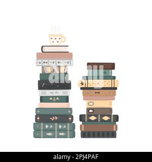 Deux piles de livres vintage. Composition de livres sur pied isolée sur fond blanc. Bibliothèque de la maison, déplacement ou élément de conception intérieure. Vecteur Illustration de Vecteur