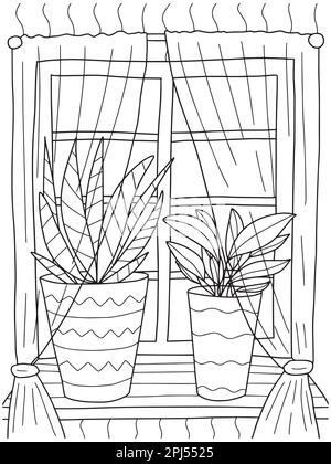 Fenêtre vectorielle avec page de coloriage de plantes de maison Illustration de Vecteur