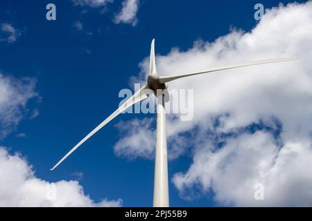 Éolienne dans la zone industrielle de la capitale. Ciel bleu vif avec nuages blancs. Puerto del Rosario, Fuerteventura, Espagne. Banque D'Images