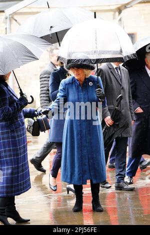 Le Queen Consort lors d'une visite à St. Église commémorative Nikolai, Hambourg, le dernier jour de leur visite d'État en Allemagne. L'église a été détruite en juillet 1943 lors de la mission de la deuxième Guerre mondiale, opération Gomorrhe, lorsque les forces alliées ont mené des raids de bombardement sur la ville de Hambourg. Date de la photo: Vendredi 31 mars 2023. Banque D'Images