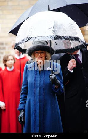 Le Queen Consort lors d'une visite à St. Église commémorative Nikolai, Hambourg, le dernier jour de leur visite d'État en Allemagne. L'église a été détruite en juillet 1943 lors de la mission de la deuxième Guerre mondiale, opération Gomorrhe, lorsque les forces alliées ont mené des raids de bombardement sur la ville de Hambourg. Date de la photo: Vendredi 31 mars 2023. Banque D'Images