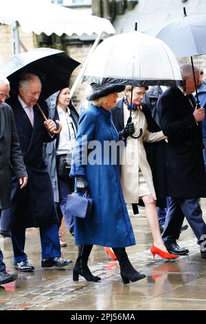 Le Queen Consort lors d'une visite à St. Église commémorative Nikolai, Hambourg, le dernier jour de leur visite d'État en Allemagne. L'église a été détruite en juillet 1943 lors de la mission de la deuxième Guerre mondiale, opération Gomorrhe, lorsque les forces alliées ont mené des raids de bombardement sur la ville de Hambourg. Date de la photo: Vendredi 31 mars 2023. Banque D'Images