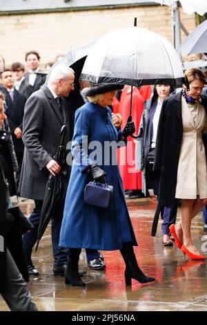 Le Queen Consort lors d'une visite à St. Église commémorative Nikolai, Hambourg, le dernier jour de leur visite d'État en Allemagne. L'église a été détruite en juillet 1943 lors de la mission de la deuxième Guerre mondiale, opération Gomorrhe, lorsque les forces alliées ont mené des raids de bombardement sur la ville de Hambourg. Date de la photo: Vendredi 31 mars 2023. Banque D'Images