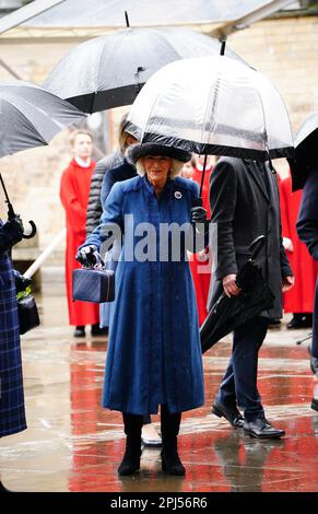 Le Queen Consort lors d'une visite à St. Église commémorative Nikolai, Hambourg, le dernier jour de leur visite d'État en Allemagne. L'église a été détruite en juillet 1943 lors de la mission de la deuxième Guerre mondiale, opération Gomorrhe, lorsque les forces alliées ont mené des raids de bombardement sur la ville de Hambourg. Date de la photo: Vendredi 31 mars 2023. Banque D'Images