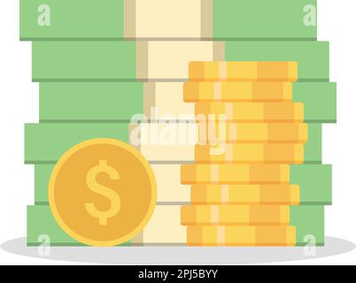 Icône argent dans un style plat. Illustration vectorielle de la pile de billets de banque sur fond isolé. Les pièces en dollars et en or signent un concept d'affaires. Illustration de Vecteur
