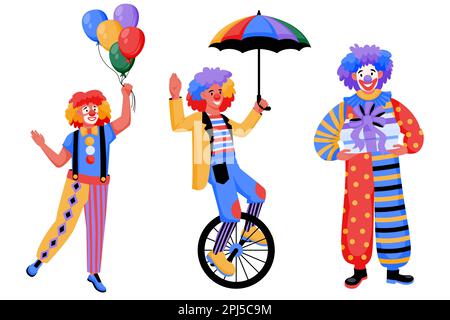 Clowns de cirque colorés isolés sur fond blanc. Illustration de dessin animé à plat vectoriel de jokers drôles en costumes de carnaval. Parc d'attractions ou birt Illustration de Vecteur