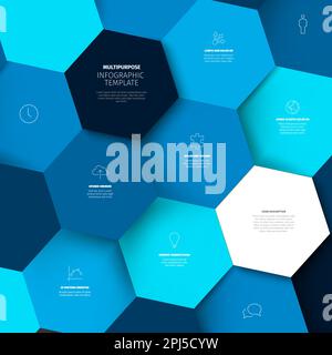 Modèle de rapport graphique vectoriel bleu minimaliste avec des teintes bleues mosaïque hexagons rempli de diverses informations, icônes et nombres. Simple 3D réel Illustration de Vecteur