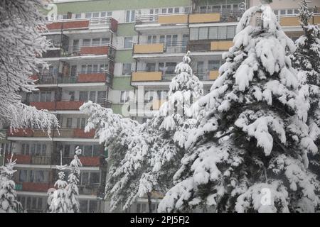 Immeuble résidentiel multifamilial avec balcons bordeaux et jaunes Banque D'Images