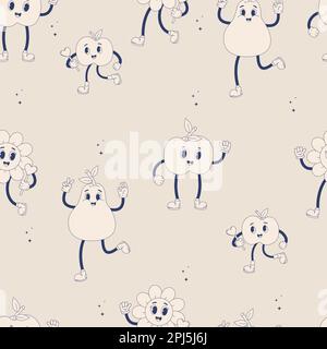 Motif rétro sans coutures tendance. Joyeux groovy personnages de dessin animé pomme, poire et puissance de fleur. Palette monochrome. Illustration vectorielle pour fond d'écran, de Illustration de Vecteur