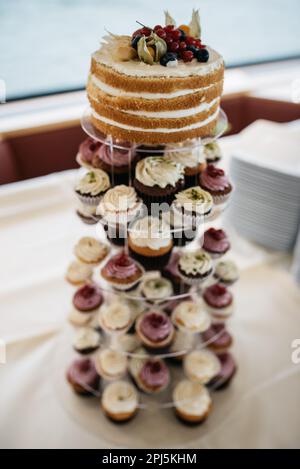 Un gâteau de mariage de style professionnel avec glaçage blanc et décorations ornementales, accompagné d'une sélection de petits gâteaux avec divers gels colorés Banque D'Images