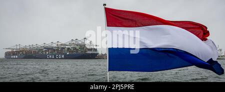 ROTTERDAM - Un navire à conteneurs lors d'une réunion de presse au port de Rotterdam et aux terminaux APM. L'administration portuaire va agrandir le terminal de Maasvlakte II à Rotterdam. ANP SEM VAN DER WAL pays-bas sortie - belgique sortie Banque D'Images