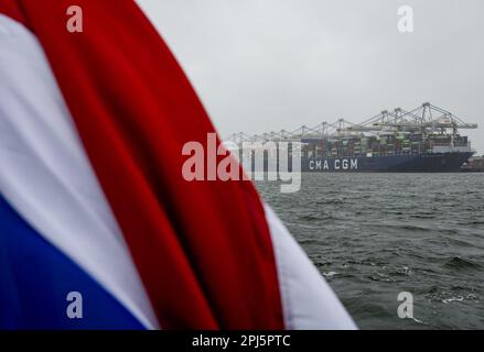 ROTTERDAM - Un navire à conteneurs lors d'une réunion de presse au port de Rotterdam et aux terminaux APM. L'administration portuaire va agrandir le terminal de Maasvlakte II à Rotterdam. ANP SEM VAN DER WAL pays-bas sortie - belgique sortie Banque D'Images