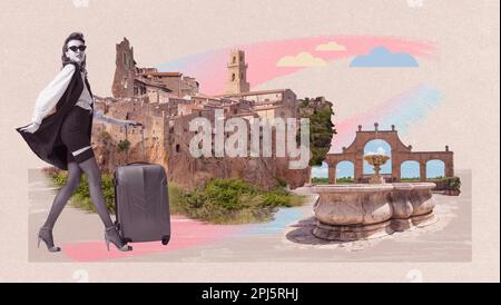 Femme élégante et élégante, femme vêtue de vêtements élégants qui se rend à la ville européenne. Vue sur la ville d'époque et les sites touristiques. Collage d'art contemporain. Banque D'Images