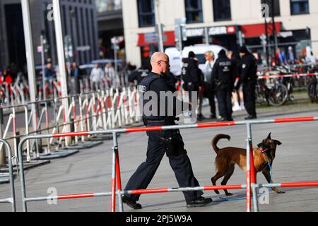 Berlin, Allemagne. 31st mars 2023. Le roi Charles III et sa femme Camilla prennent le train de Berlin à Hambourg. Le couple royal britannique se rend à Hambourg avec le président fédéral Frank-Walter Steinmeier. Après que le couple royal a couvert la route de près d'un kilomètre et demi de l'hôtel Adlon à la gare, Charles et Camilla sont accueillis par le patron de DB Richard Lutz. (Photo de Simone Kuhlmey/Pacific Press) Credit: Pacific Press Media production Corp./Alay Live News Banque D'Images