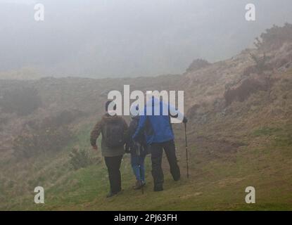 Holyrood Park, Édimbourg, Écosse, Royaume-Uni. 31st mars. Le nuage et la brume ont persisté tout au long de la journée sur les pentes d'Arthur's Seat et du parc du centre-ville. Photo : marcheurs sur les pentes du siège d'Arthur. Credit: Archwhite/alamy Live news. Banque D'Images