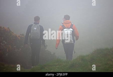 Holyrood Park, Édimbourg, Écosse, Royaume-Uni. 31st mars. Le nuage et la brume ont persisté tout au long de la journée sur les pentes d'Arthur's Seat et du parc du centre-ville. Photo : marcheurs sur les pentes du siège d'Arthur. Credit: Archwhite/alamy Live news. Banque D'Images