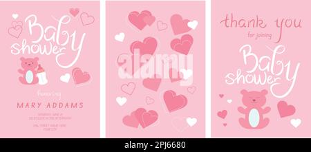 Ensemble de modèles d'invitation de douche de bébé. Honorant maman d'être. Cartes d'invitation et de remerciement avec lettres, coeurs et un adorable ours en peluche. Art vectoriel Illustration de Vecteur