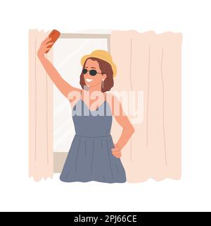 Illustration vectorielle isolée nouvelle apparence. Fille souriante prenant selfie dans une nouvelle tenue devant le miroir et envoyant l'image à un ami, vêtements assorti style, adolescents mode vecteur de dessin animé. Illustration de Vecteur