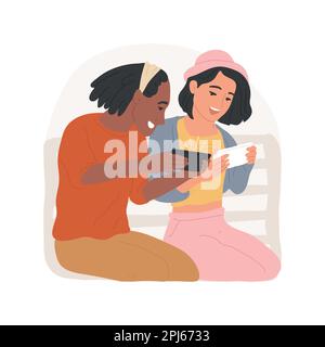 Jeux de perdre du temps illustrations vectorielles de dessins animés isolées. Couple drôle jouant à des jeux sur smartphone assis sur le banc, divertissement avec des amis, adolescents perdre du temps vector dessin animé. Illustration de Vecteur