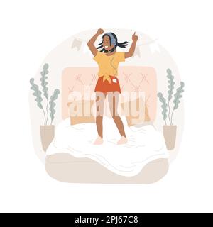 Danse dans la salle illustration vectorielle isolée. Belle adolescente dansant sur le lit, passant du temps libre à la maison, jeune femme se relaxant à l'intérieur, les adolescents style de vie vector dessin animé. Illustration de Vecteur