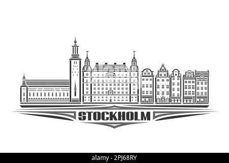 Illustration vectorielle de Stockholm, carte horizontale monochrome avec design linéaire stockholm paysage urbain, concept européen d'art urbain avec décoration Illustration de Vecteur