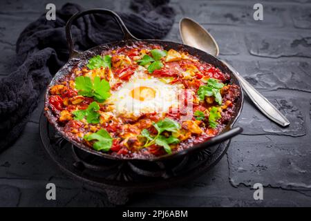 Shakshuka - plat d'œufs pochés dans une sauce tomate avec du fromage Feta et de la coriandre dans un moule à pâtisserie Banque D'Images