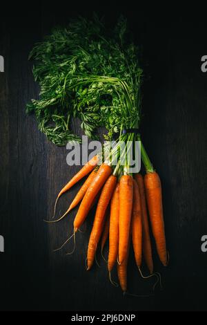 Carottes biologiques avec tige verte sur fond sombre en bois Banque D'Images