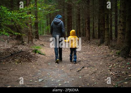 En automne, ma mère et son petit fils font un sentier de montagne., Pologne, Europe Banque D'Images