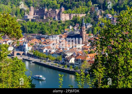 Vue sur la ville de Heidelberg, Neckar avec la vieille ville et le château, Heidelberg, Bade-Wurtemberg, Allemagne Banque D'Images