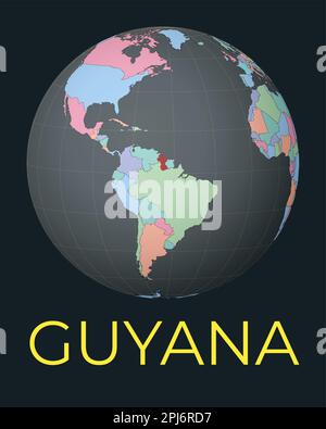Carte du monde centrée sur la Guyane. Pays rouge mis en surbrillance. Vue mondiale satellite centrée sur le pays avec le nom. Illustration vectorielle. Illustration de Vecteur