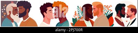 ensemble horizontal sticker style de dessin animé multiculturel gay couple en amour isolé sur fond blanc . Dessins animés illustration vectorielle plate Illustration de Vecteur