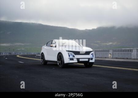 Voiture SUV générique et sans marque sur la route avec la montagne, rendu 3D Banque D'Images
