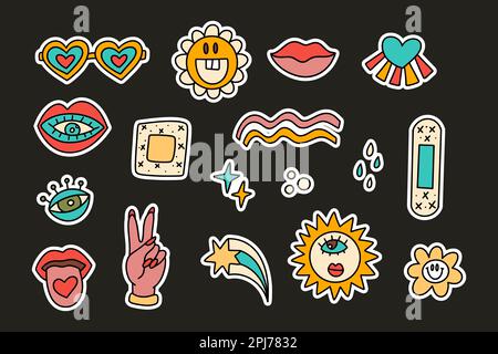 Ensemble d'autocollants funky de dessin animé. Vecteur funky fleur hippy coeur lèvres et icône de lunettes Illustration de Vecteur