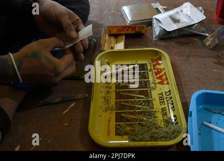 Vue détaillée d'une cigarette de marijuana/d'un joint en cours de préparation à un compartiment de mauvaises herbes. Patpong, le tristement célèbre quartier de divertissement aux feux rouges de Bangkok, a rouvert ses portes depuis la pandémie de Covid-19. Il a refait surface comme un marché de nuit de nourriture de rue avec seulement quelques bars Go Go restants, 2 rues offrant également des souvenirs, des vêtements et des babioles. Depuis que la marijuana a été légalisée sur 9 juin, des points de vente de marihuana ont également été ouverts dans la région. Banque D'Images