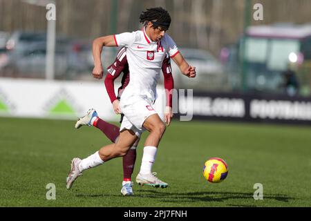 Cracovie, Pologne. 25th mars 2023. Maximillian Oyedele de Pologne vu en action pendant le championnat européen des moins de 19 ans 2023-Elite round match entre la Pologne et la Lettonie au centre d'entraînement de Cracovie. Note finale; Pologne 3:0 Lettonie. (Photo de Grzegorz Wajda/SOPA Images/Sipa USA) crédit: SIPA USA/Alay Live News Banque D'Images