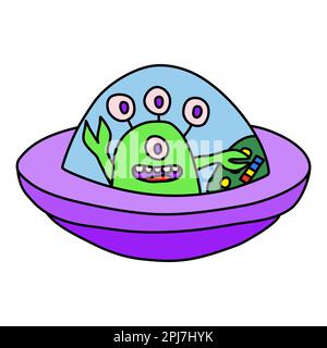 Dessin animé étranger amical dans vaisseau spatial ou ovni, main agissante, dessin vectoriel de style doodle Illustration de Vecteur
