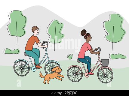 Homme et femme voyageant à vélo dans le parc, chien courant à proximité, voyage en famille, illustration de style doodle vecteur Illustration de Vecteur